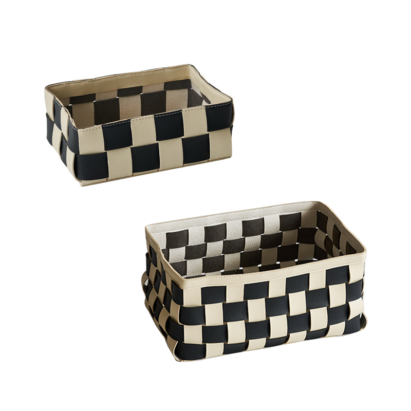 Momo - Checker Woven Leather Storage Basket-Furnishings- A Bit Sleepy | Homedecor Concept Store