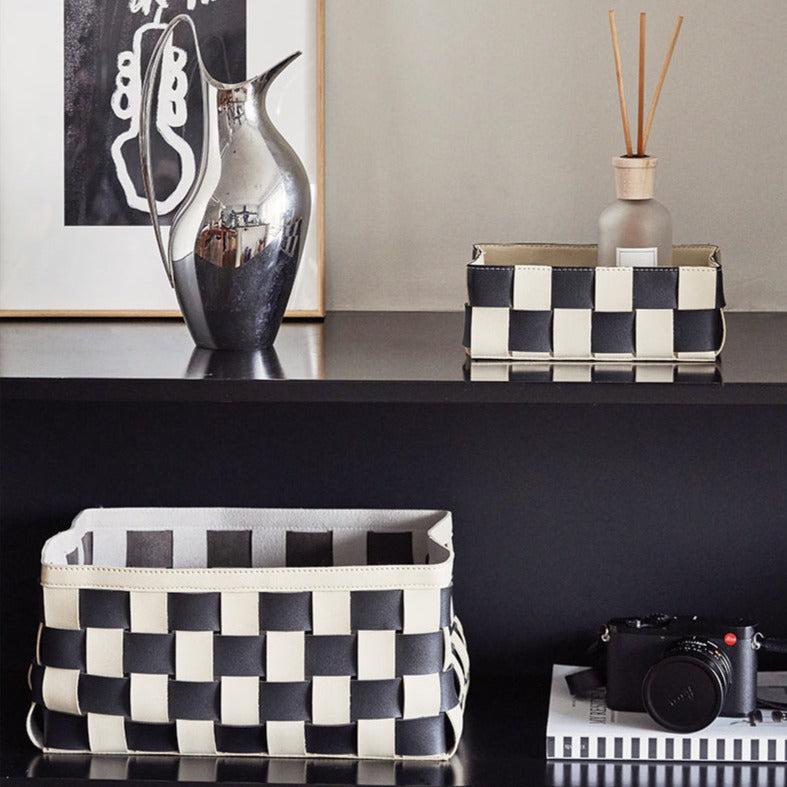 Momo - Checker Woven Leather Storage Basket-Furnishings- A Bit Sleepy | Homedecor Concept Store