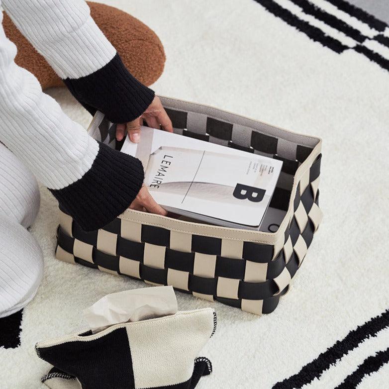 Momo - Checker Woven Leather Storage Basket-Furnishings- A Bit Sleepy | Homedecor Concept Store